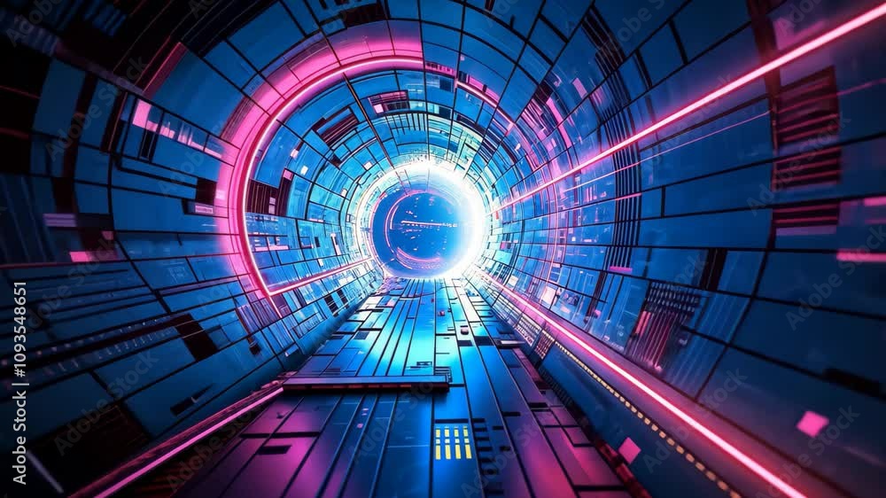 Poster a digital tunnel with glowing pink and blue lights representing data encryption, visualize the conce