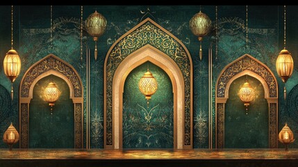 Elegant Islamic Architecture With Golden Lanterns and Arches