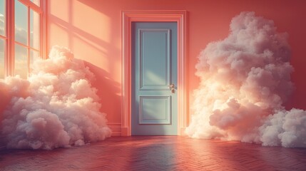 A serene room with a pastel door and fluffy clouds, evoking dreamy tranquility.