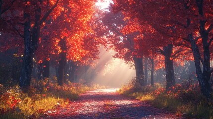 Fototapeta premium A serene pathway through vibrant autumn foliage, illuminated by sunlight.