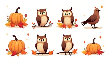 A collection of vector illustrations featuring an owl amidst autumnal elements and foliage with a Thanksgiving theme.