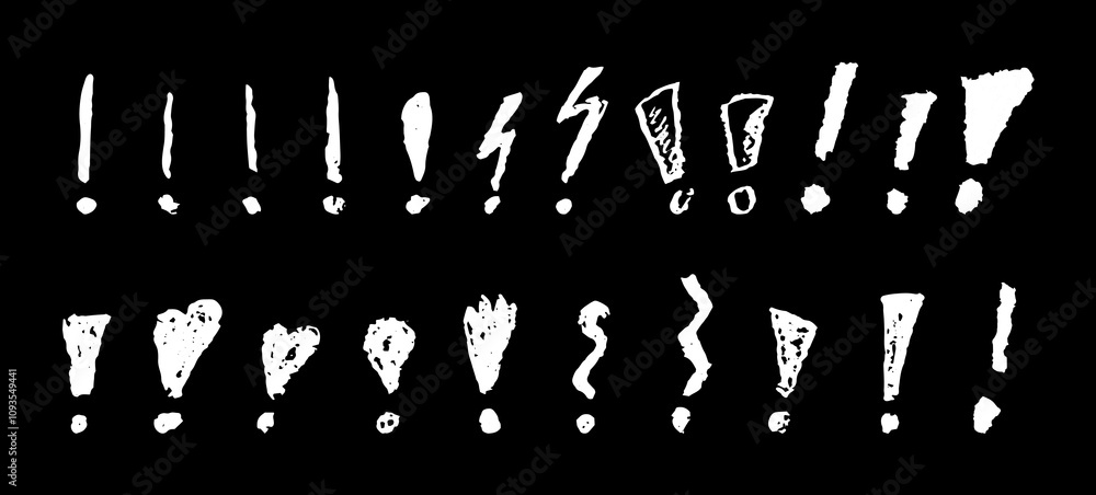 Poster exclamation marks symbols set. white crayon handwritten signs on chalkboard. doodle icon collection 