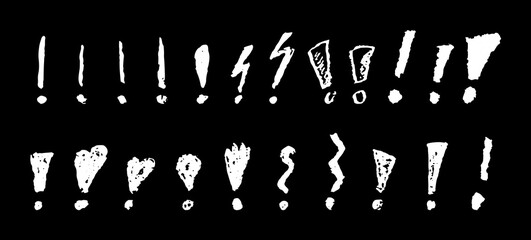 Exclamation marks symbols set. White crayon handwritten signs on chalkboard. Doodle icon collection for emphasize important or dangerous warning text. Vector sketch or graffiti style exclamation marks