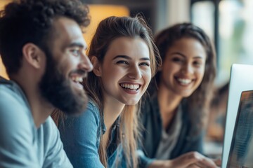 Obraz premium Dynamic Team Collaboration in modern workspaces fosters employee synergy, allowing innovation, idea sharing, and meaningful connections, enhancing productivity and engagement among professionals