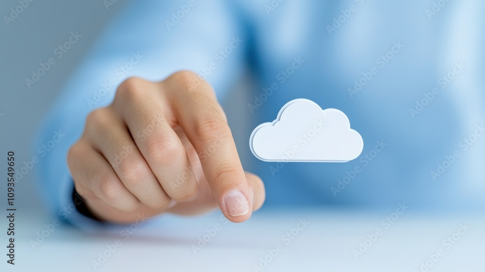 Poster hand pointing to a white cloud-shaped icon symbolizing cloud computing and technology on a blurred b