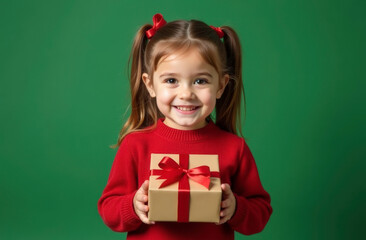 Girl holding a gift in her hands on a green background