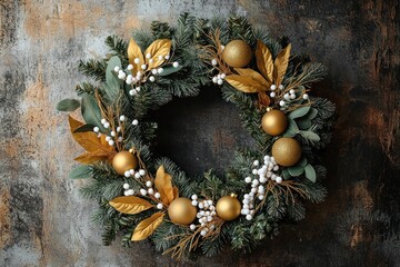 Fototapeta premium Oversized muted mustard and forest green Christmas wreath on a rustic background, adorned with gold leaf and soft white berries. Earthy and warm holiday theme with oversized festive elements.