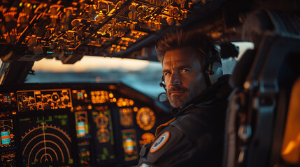 Obraz premium Airline pilot inspecting cockpit instruments with a focused expression, seated in a modern flight deck, symbolizing responsibility and expertise