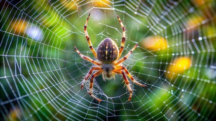 An intricately woven spider web stretches between tree branches, catching the sunlight