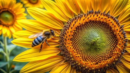 Detailed shot of bee flying between sunflowers as they collect pollen