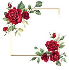 Elegant floral frame with red roses and gold border.
