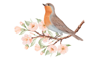 Bird with brown and grey feathers and orange breast sitting on Blossoming Branch with Peach or Cherry Flowers. Spring Composition for Bird Day. Hand drawn watercolor illustration on a white background