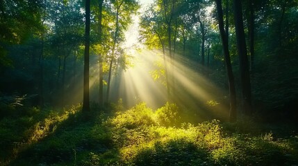 Naklejka premium Golden sunlight pours through lush, towering trees in a serene forest, casting light and shadow on the vibrant greenery, evoking peace, nature's beauty, and tranquility.