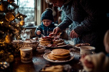 A cozy kitchen scene with pancakes and festive vibes. A child helps serve delicious breakfast treats. Family moments captured perfectly. Generative AI