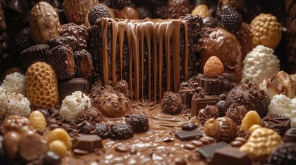 A tempting display of various chocolates and sweets, creating a rich, indulgent scene.