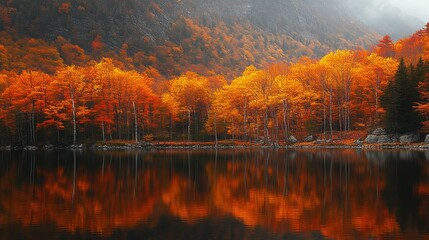 Obraz premium A tranquil forest lake mirrored by towering trees with striking autumn colors captured vividly, portraying nature's quiet solitude and mesmerizing transformation.