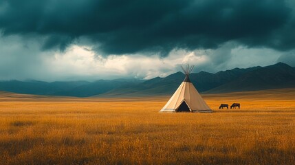 A solitary teepee stands amid a vast yellow field, under dark, stormy skies with distant mountains, capturing the essence of solitude and nature's power.
