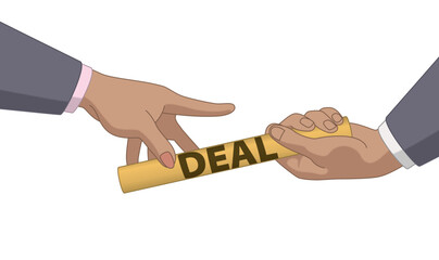 business relay race, close-up of business hands passing the baton of deals isolated on a white background