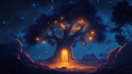 Mystical oak tree glows with light. Glowing door in trunk. Stars, nebula, moon visible in night sky. Fantasy setting. Magical and cozy. Ideal for wallpaper, poster, or art display.