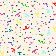 Birthday vector seamless repeat pattern with rainbow colorful confetti on beige cream background. Birthday party wrapping paper, cards, gift bags, kids packaging projects, wallpaper