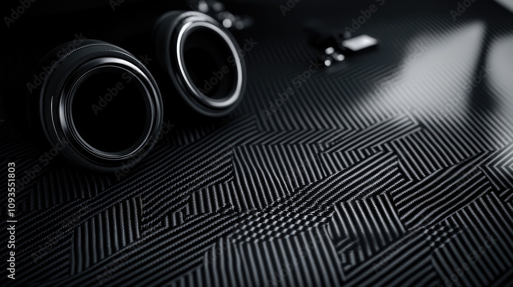Poster close-up of black textured surface with two circular objects.