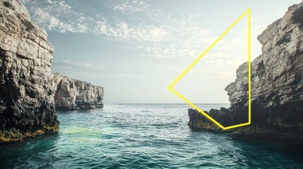 Serene seascape featuring cliffs and water with a yellow neon geometric shape in a modern minimal abstract design