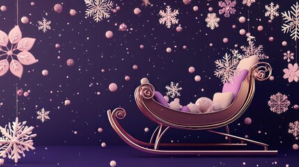 Oversized rose gold sleigh on a deep purple background, decorated with dusty pink and off-white snowflakes. Chic, modern holiday theme with a focus on oversized festive elements.