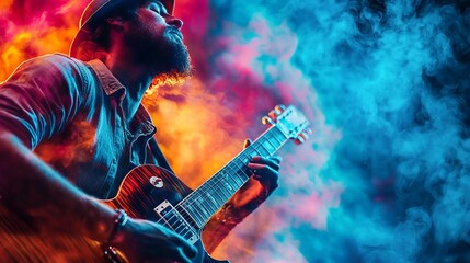 A passionate musician with a guitar performs amidst vivid red and blue smoke. His hat adds a touch of style while the fiery background enhances the mood of creativity.