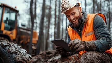 A smiling construction worker in muddy clothing and a safety helmet uses a tablet outdoors, embodying dedication and modern technology in hard work.