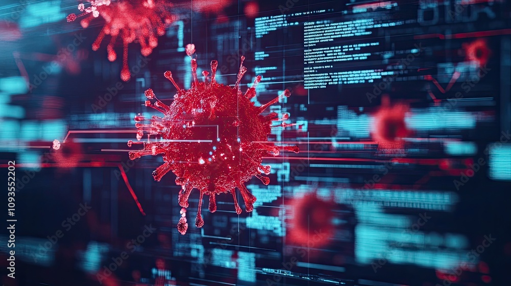 Poster red virus particles on digital screen with code.