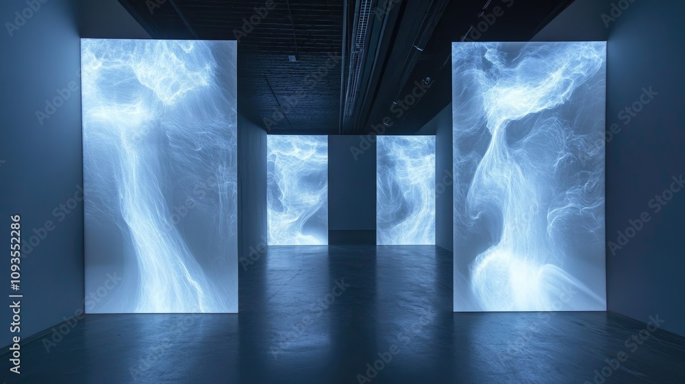 Poster illuminated panels display ethereal light patterns in a dark gallery