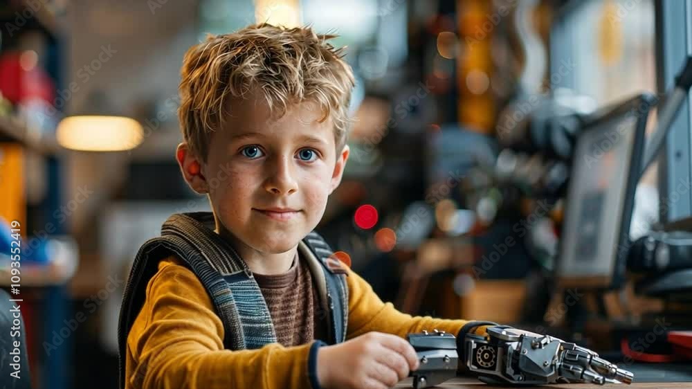 Aufkleber in a bright workshop, a young boy sits at a table, engaged in assembling a robot arm. the environmen