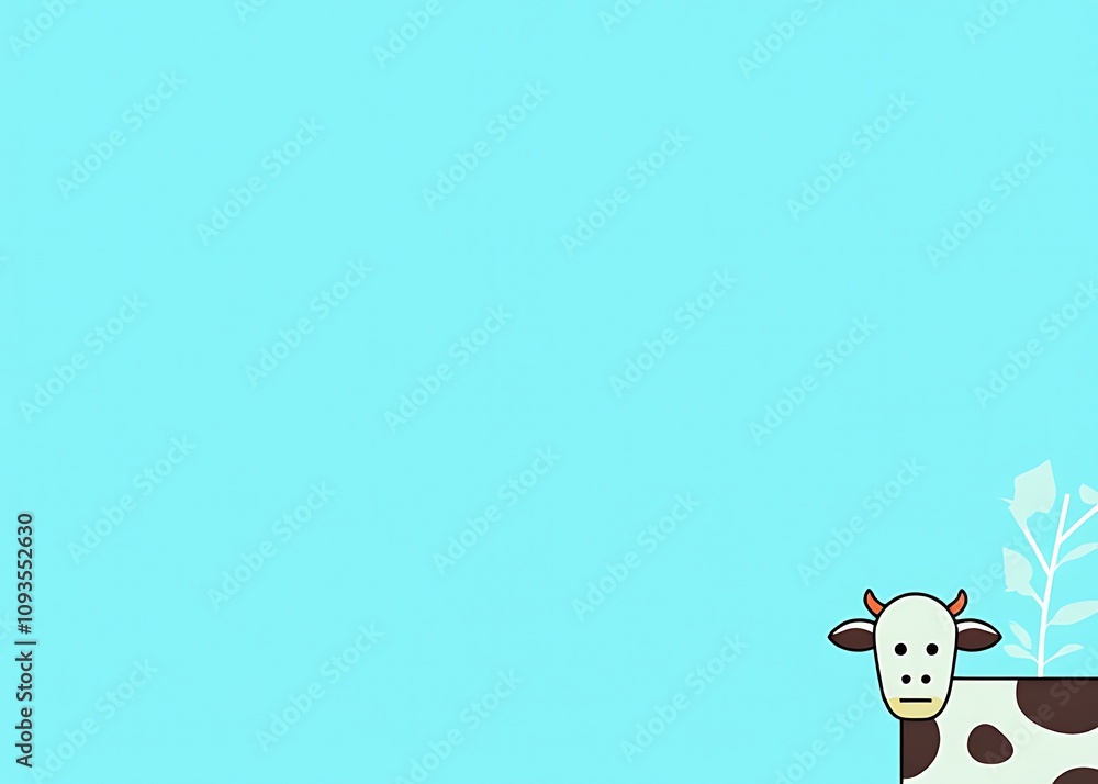 Aufkleber A simple flat design featuring a cow and dairy items against a bright blue background with space for text on the side.