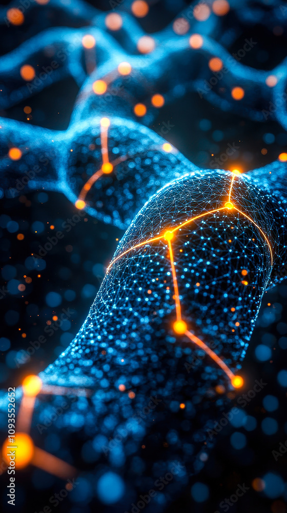 Poster blockchain technology concept with interconnected nodes on dark blue grid illustrating secure transa