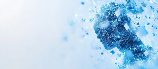 Abstract digital head dissolving into blue particles.