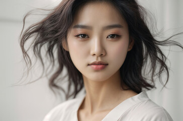 Fototapeta premium An Asian woman with smooth skin, delicate makeup and expressive eyes, radiating confidence and elegance in every look