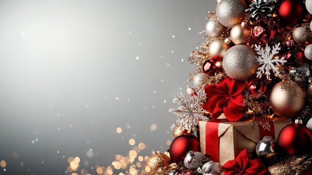 A magnificent Christmas tree lavishly decorated with sparkling ornaments, glittering snowflakes, and beautifully wrapped gifts, capturing the festive spirit.