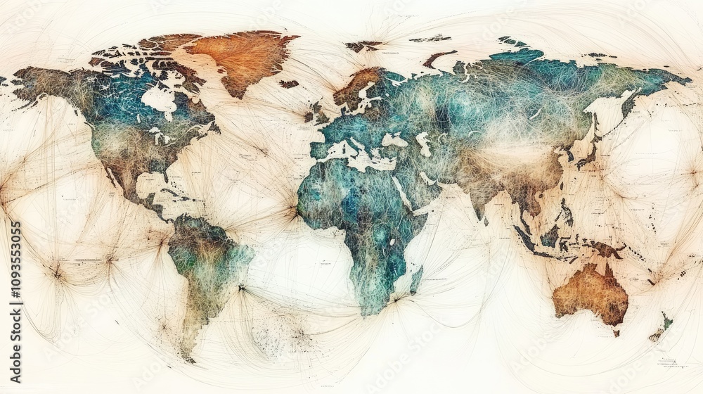 Poster artistic world map with connection lines.