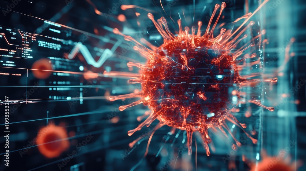 Poster microscopic virus particle with digital data background.
