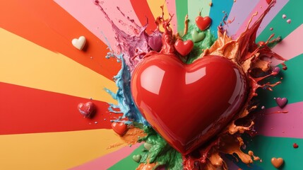 An energetic visualization of a rainbow heart erupting with splashes onto a striped multicolored canvas, representing vibrant emotions and the explosion of creativity.