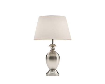 a silver lamp with a white shade