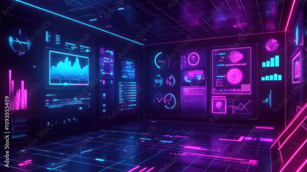 Poster futuristic room filled with neon data displays
