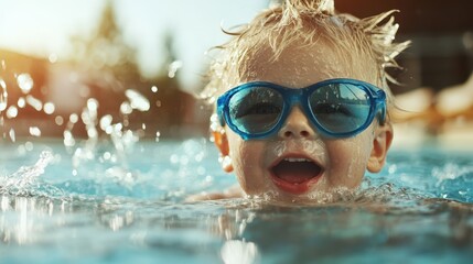 Fototapeta premium A cheerful child, wearing blue goggles, enjoys splashing in the pool, embracing the pure joy and freedom of summer under a glowing sun with excitement all around.