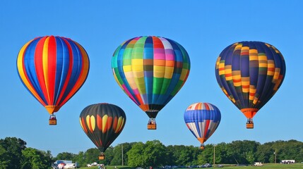 Obraz premium Colorful Hot Air Balloons Float Above Green Trees