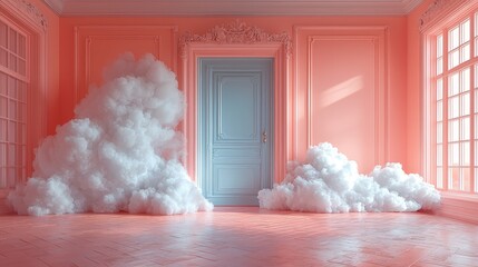 A serene, pastel-colored room with fluffy clouds, creating a whimsical atmosphere.