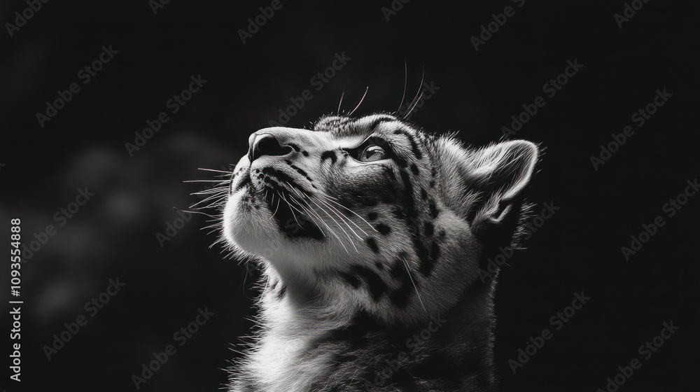 Poster a monochrome portrait of a leopard gazing upward, highlighting its features and expressions.