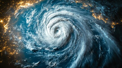 A massive swirling hurricane features prominently from a satellite's view, illustrating the power of nature amidst the twinkling bright city lights on the earth below.