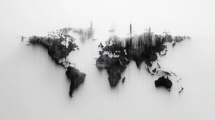 An artistic rendition presents the world's continents in an abstract manner, fading into barely discernible digital urban landscapes, symbolizing global connectivity.