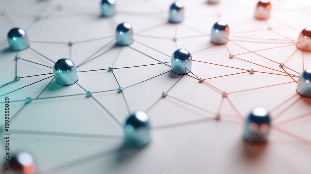 Poster network of metallic spheres and lines illustrating connections and relationships in a digital enviro