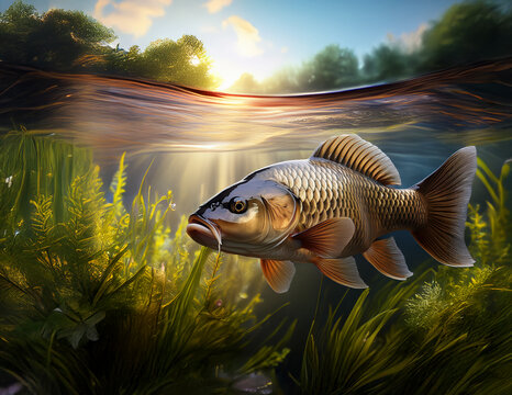 Ein Karpfen dicht unter der Wasseroberfl&auml;che